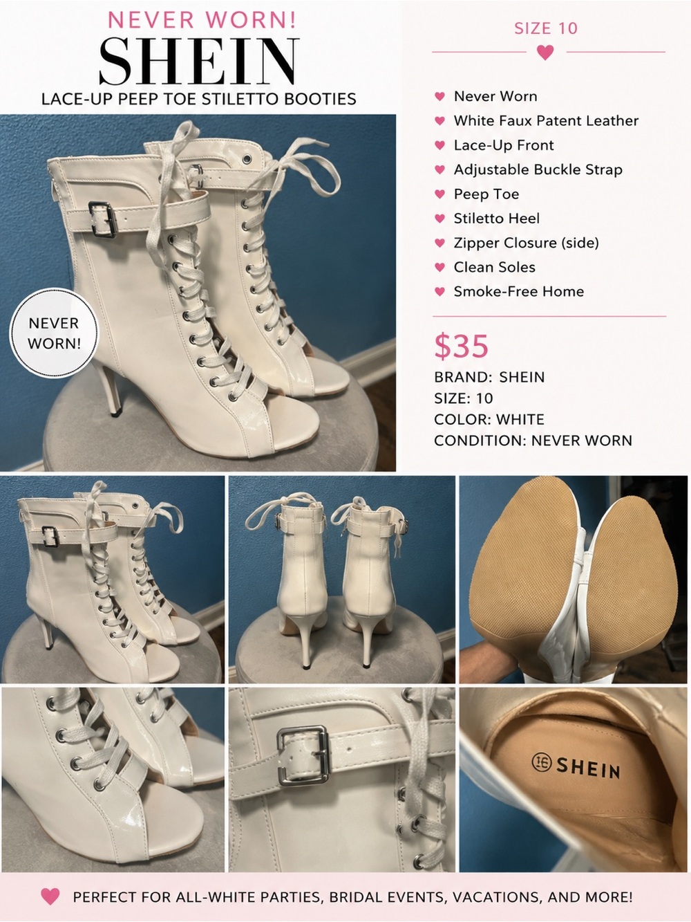 SHEIN White Lace-Up Peep Toe Gladiator Heels Never Worn - Size 10